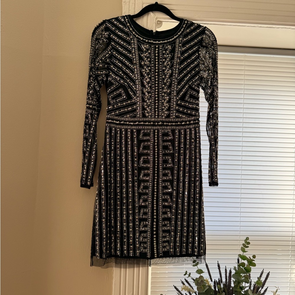 Gianni Bini Black and Silver Beaded Geometric Long Sleeve Dress 6